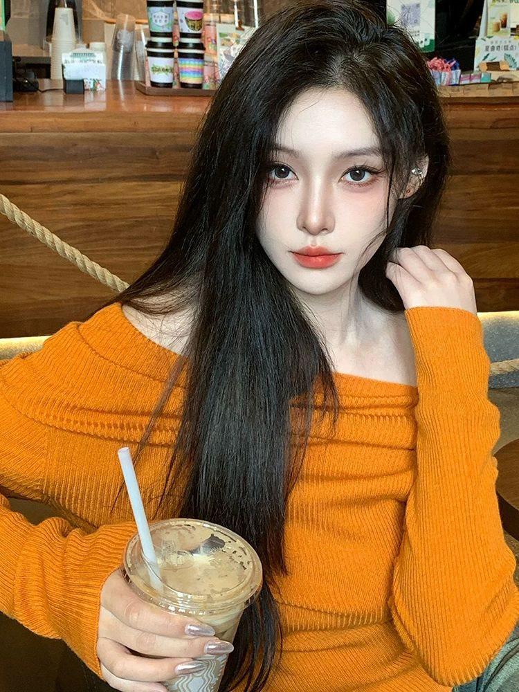 Elegant Tangerine One-Shoulder Knit Sweater - Women's Autumn/Winter Long-Sleeve Top