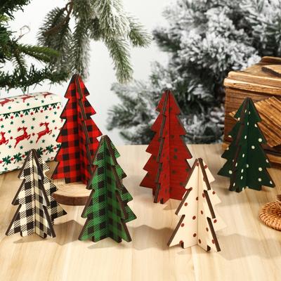 Retro Checkered Fabric Wooden Block Christmas Tree Desktop Assembly Small Christmas Tree Christmas Home Atmosphere Decorative Item