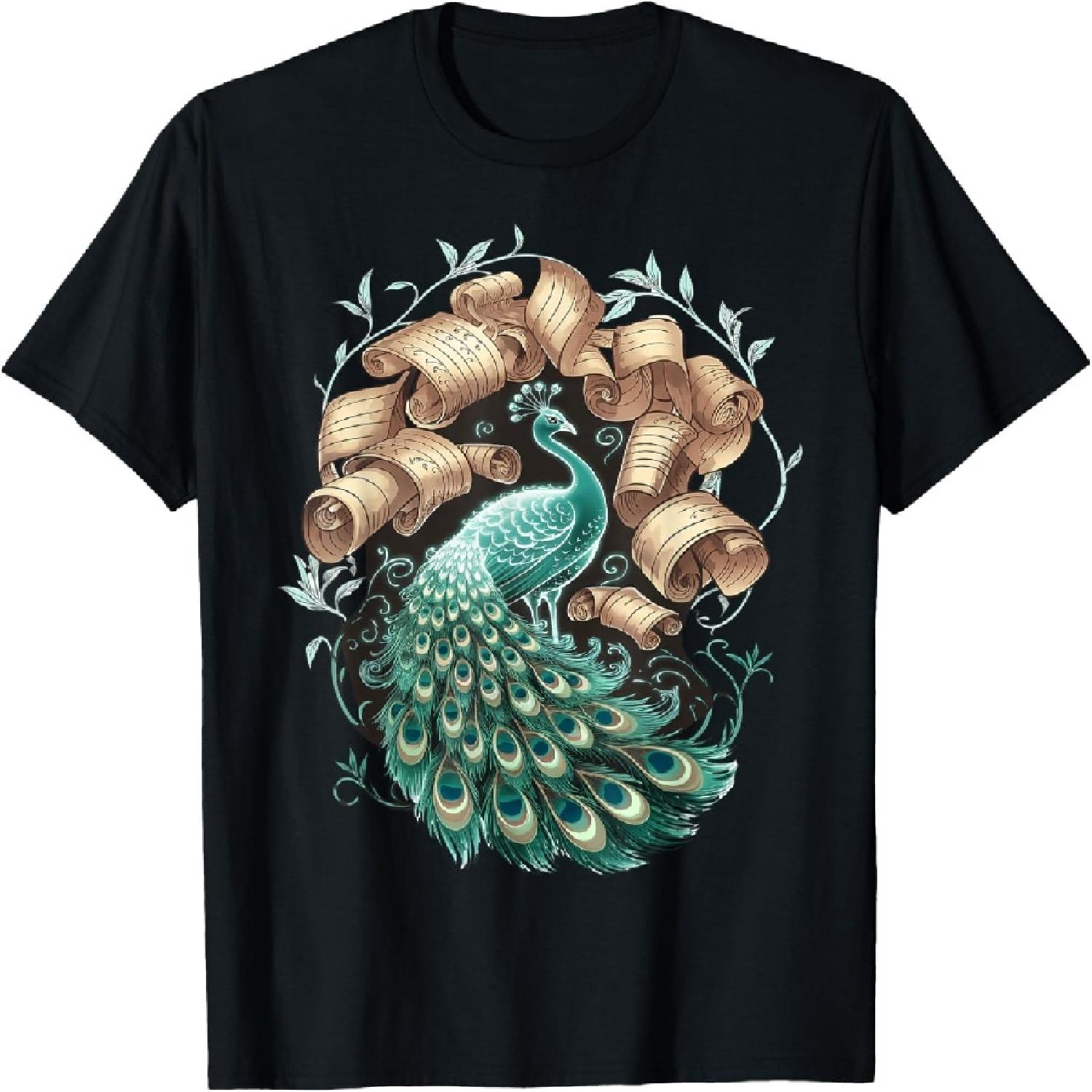 Glowing Peacock Next to Ancient Scrolls Design T-Shirt S