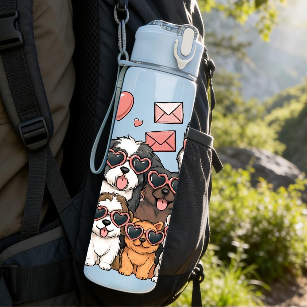 1PC Multiple Dogs Heart Love Print 750ml Color Plastic Sports Water Bottle Leakproof Flip Straw Lid Suitable for Sports Office Home Use