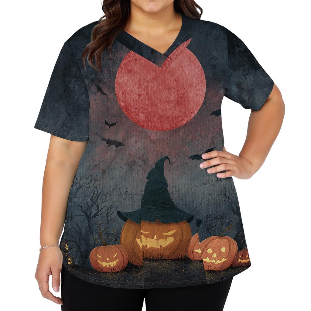 Halloween Print V Neck Short Sleeve Nurse Top with Double Pockets and Side Slits Suitable for Healthcare Workers and Caregivers