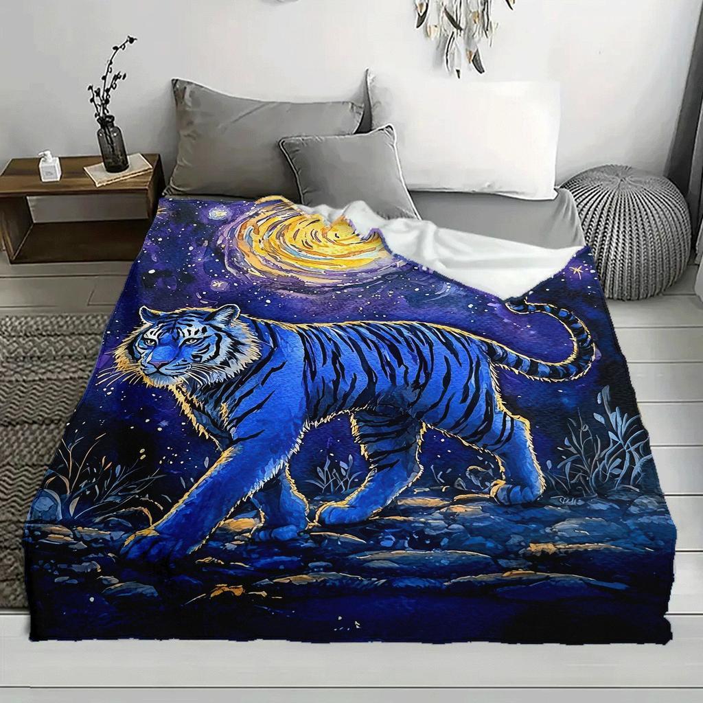 1pc Contemporary Tiger Print Flannel Fleece Blanket, 100% Polyester, All Seasons, Tear Resistant, Knitted, Animal Theme, Gift fo