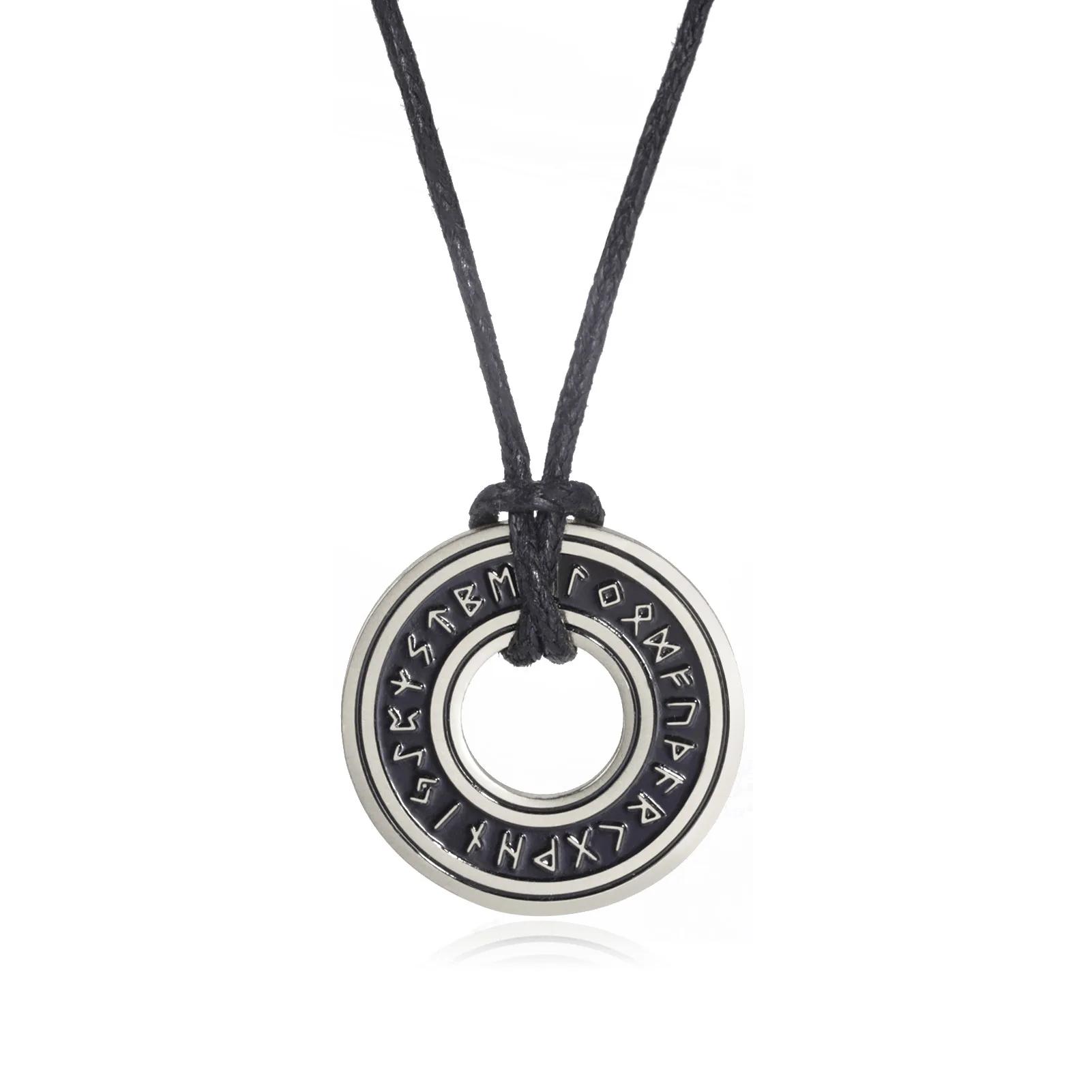 

Personality Retro Hollow Ring Rune Letter Pendant Necklace for Men Women Punk Style Stainless Steel Leather Rope Choker Jewelry срібний