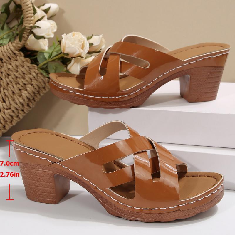 Vintage Round Toe High Heels Sandals Women Classic Solid Color Slippers Women 2025 Summer Open Toe Cross Tie Straps Shoes