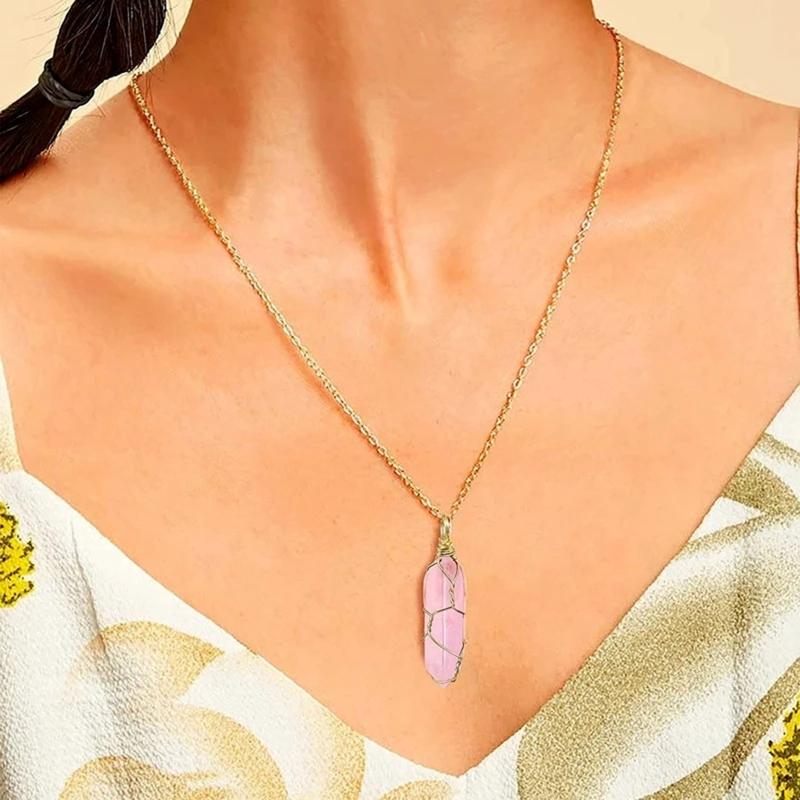 Wire Wrapped Hexagon Pillar Necklace Bullet Point Shaped Pendant Necklace Natural Stone Pendant Clavicle Chain Necklace