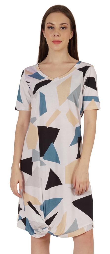 Moomaya Cotton Jersey Printed Midi Dress For Women V-Neck Summer Short Sleeves Knee Length