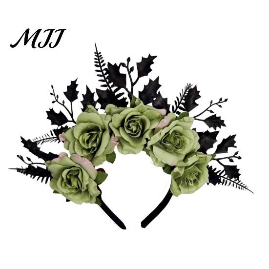 Mysterious Black Flower Hair Accessories Halloween Rose Headband, Leaf Crown Hoops Bands, Unique Gothic Hairband for Gift Headpiece Cosplay