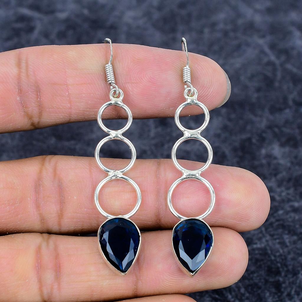 Black Spinel Gemstone Handmade 925 Sterling Silver Jewelry Earring 2.64" M-3312