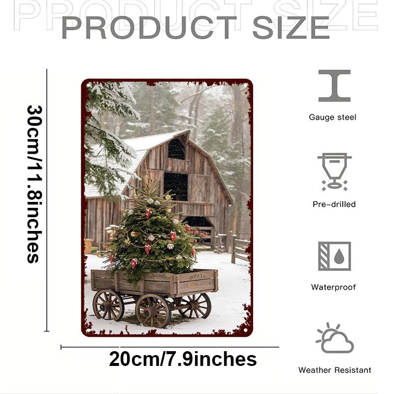 

Winter Rustic Snowscape Art Vintage Metal Sign with Christmas Tree and Wooden Wheelbarrow Ideal for Home Decor 20x30cm（7.8x11.8inch）