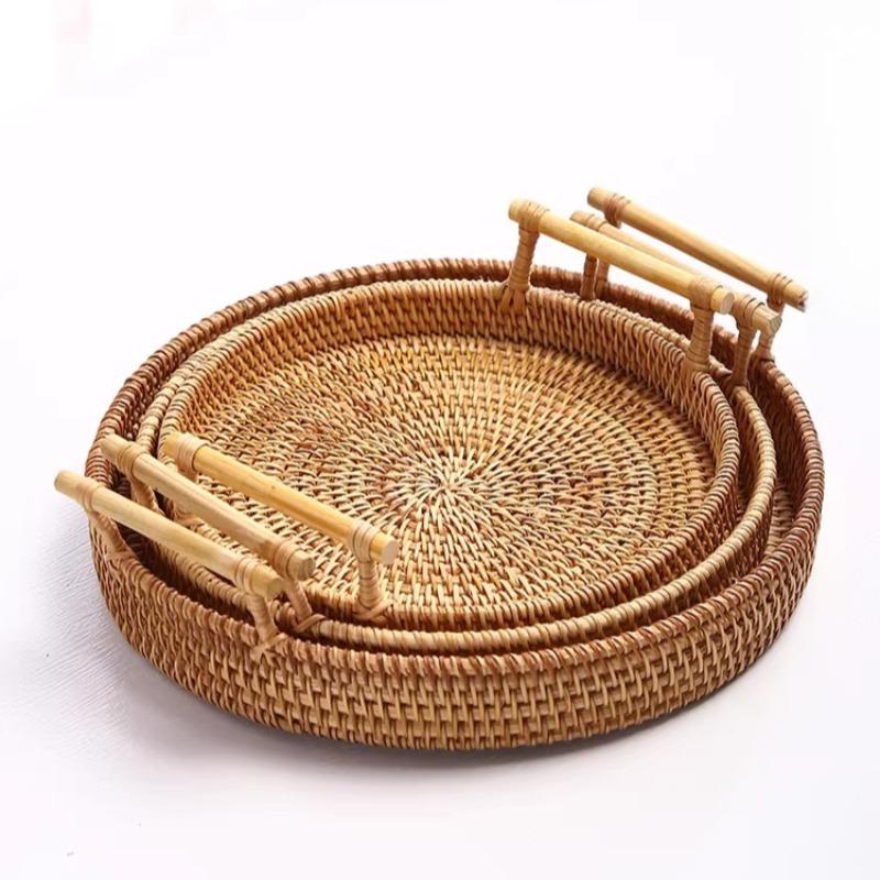 Handwoven Rattan Fruit Bowl Tray - Natural Woven Snack & Bread Serving Basket, Boho Style Tabletop Centerpiece for Kitchen