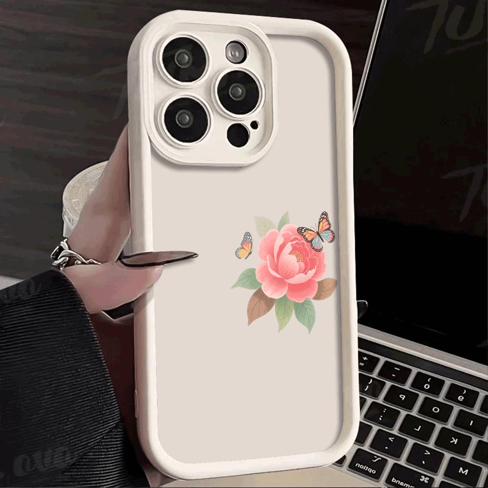 Pink Flower & Butterflies on Side Soft TPU Phone Case for iPhone 16 15 14 13 12 11 Pro Max Plus Shockproof Anti-Slip Cover