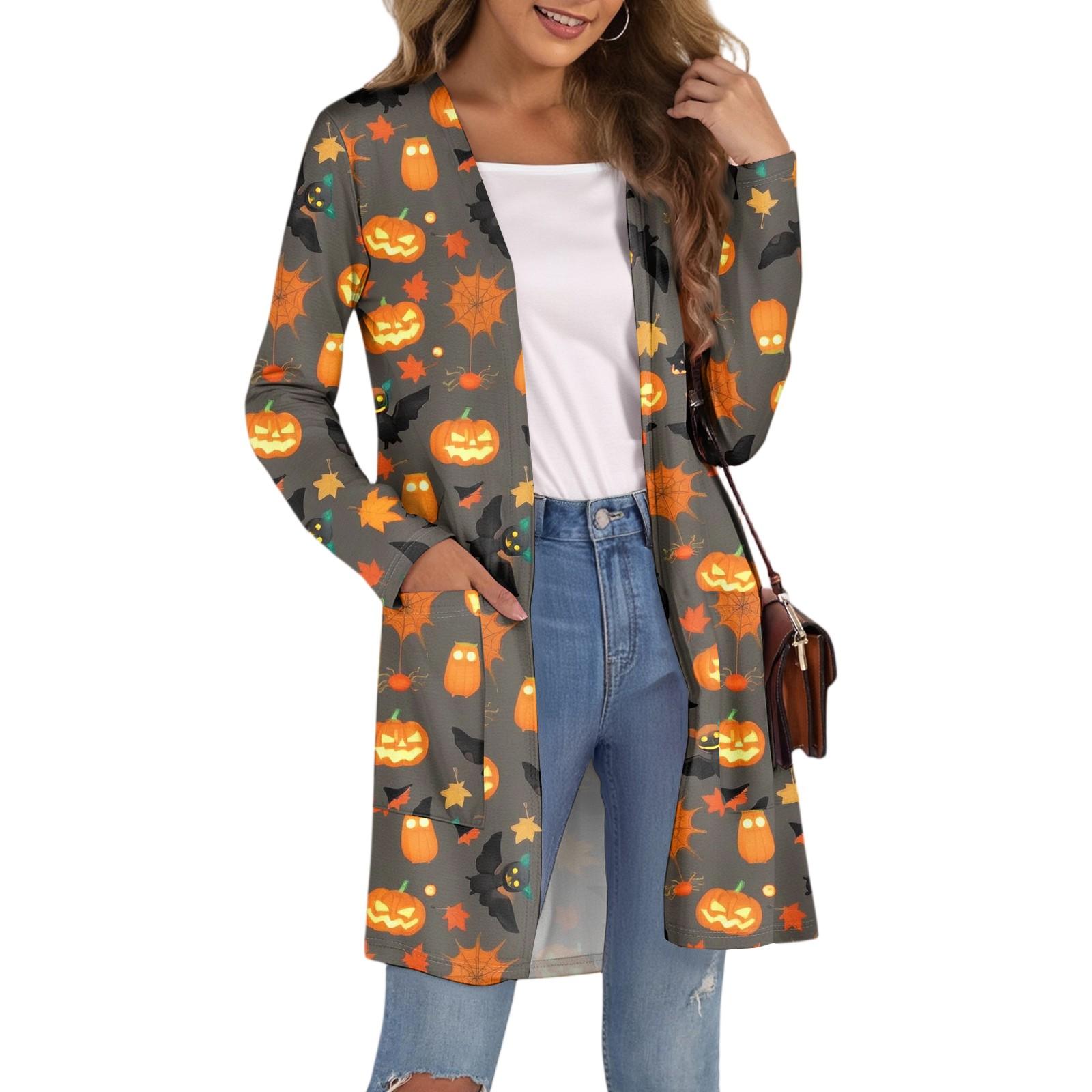 

Женский модный повседневный удобный кардиган средней длины с принтом на Хэллоуин и карманами XXL