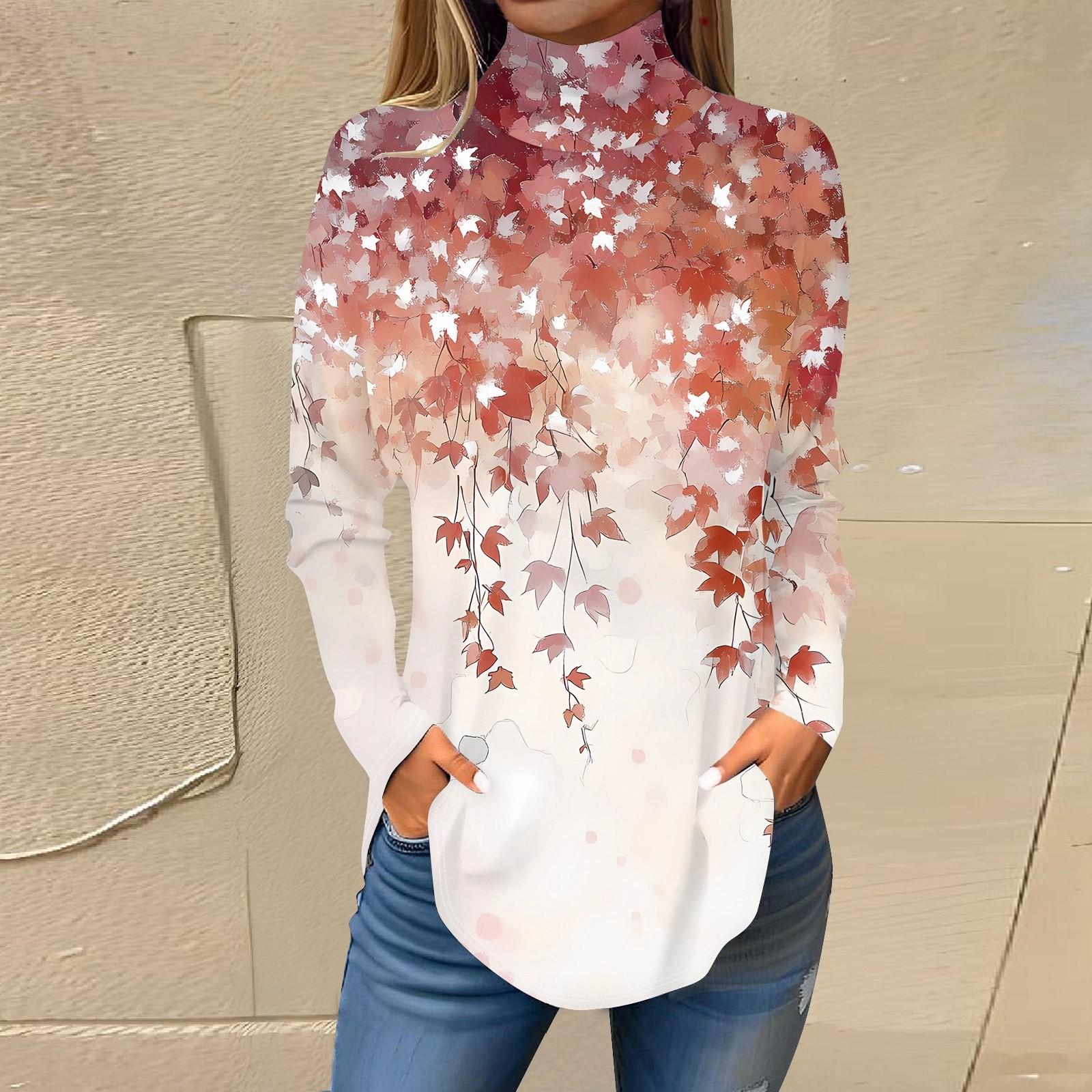 

Женская модная повседневная футболка с длинным рукавом с высоким воротом и принтом, пуловер, топ XL киноварь