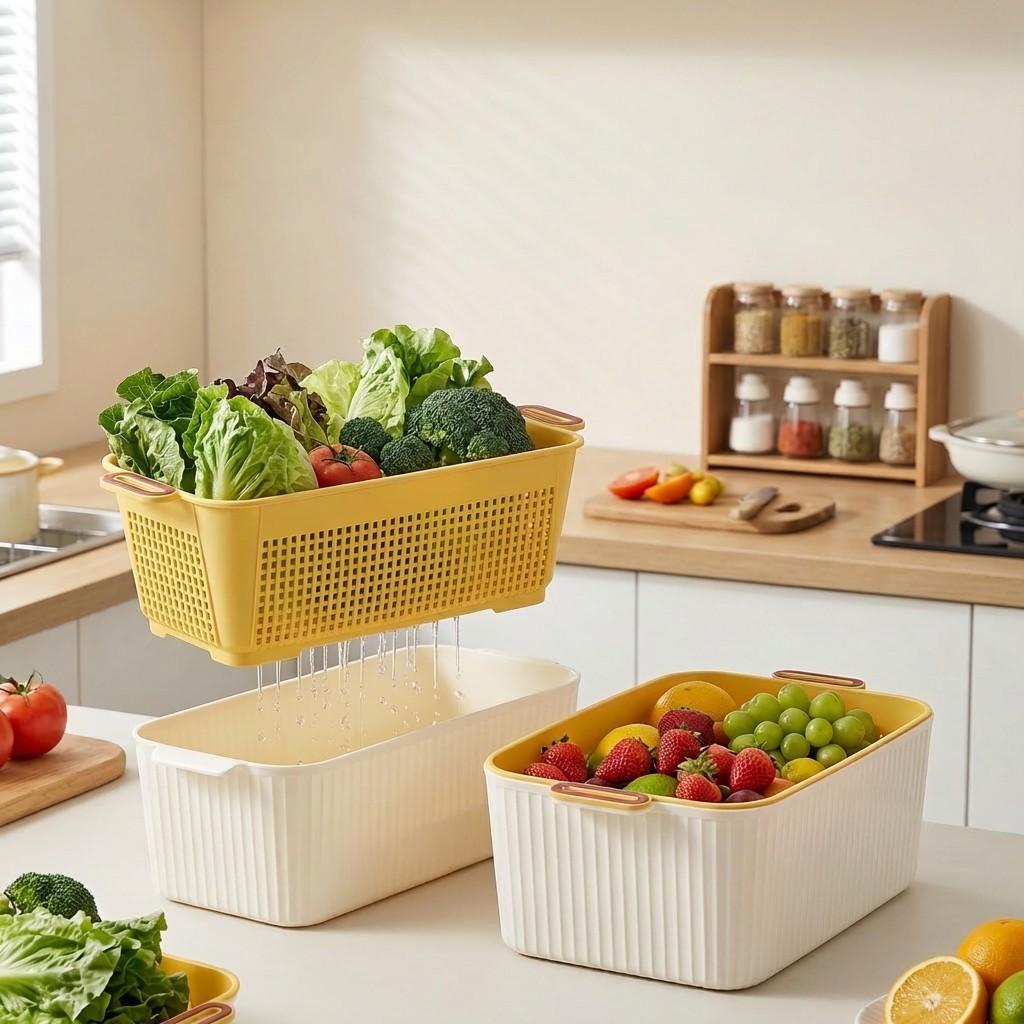 1/2/4Pcs Fruit Vegetable Drain Storage Basket Plastic Double-Layer Storage Box With Handle Multifunctional Kitchen Organizer
