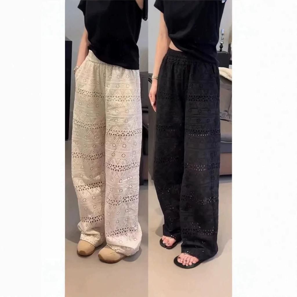Women's High Waist Wide Leg Pants Straight Cut Hollow Lace Loose Casual Summer Trousers