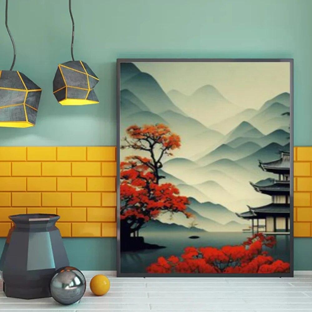 

Японский художественный пейзаж с горным озером, печать плакатов для гостиной, домашний декор, абстрактный винтажный пейзаж, холст, живопись, настенное искусство без рамки 21*30cm