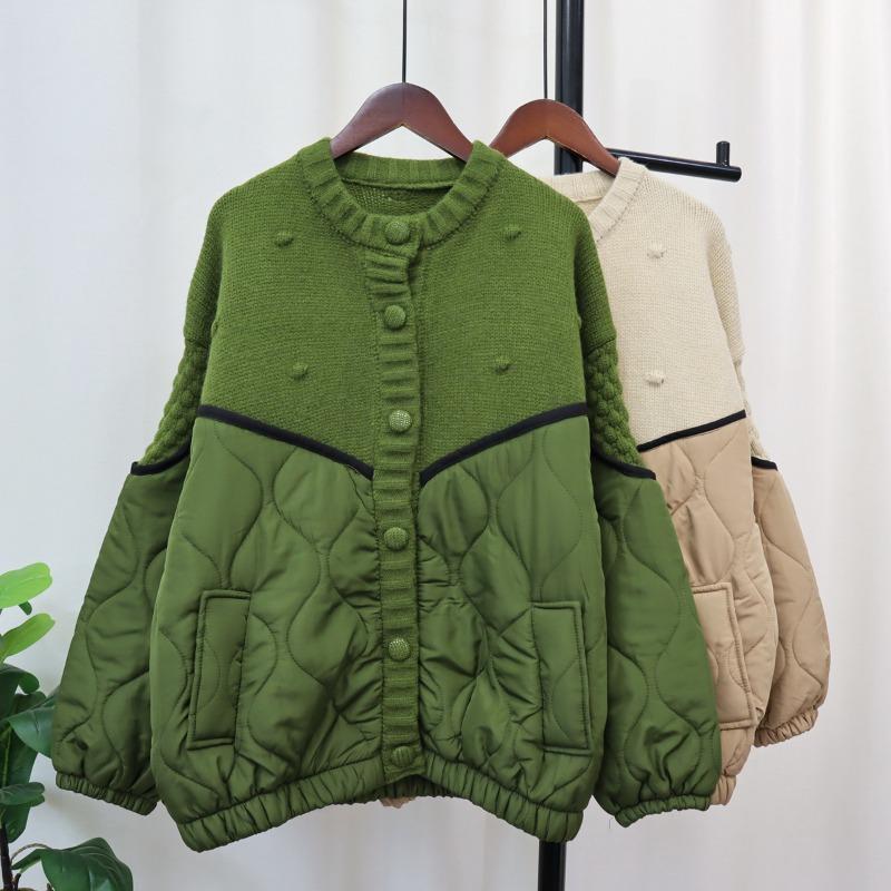 Splicing Cotton Clothes Knitted Cardigan Autumn and Winter New Design Sense Loose Lazy Wind Sweater Jacket Women