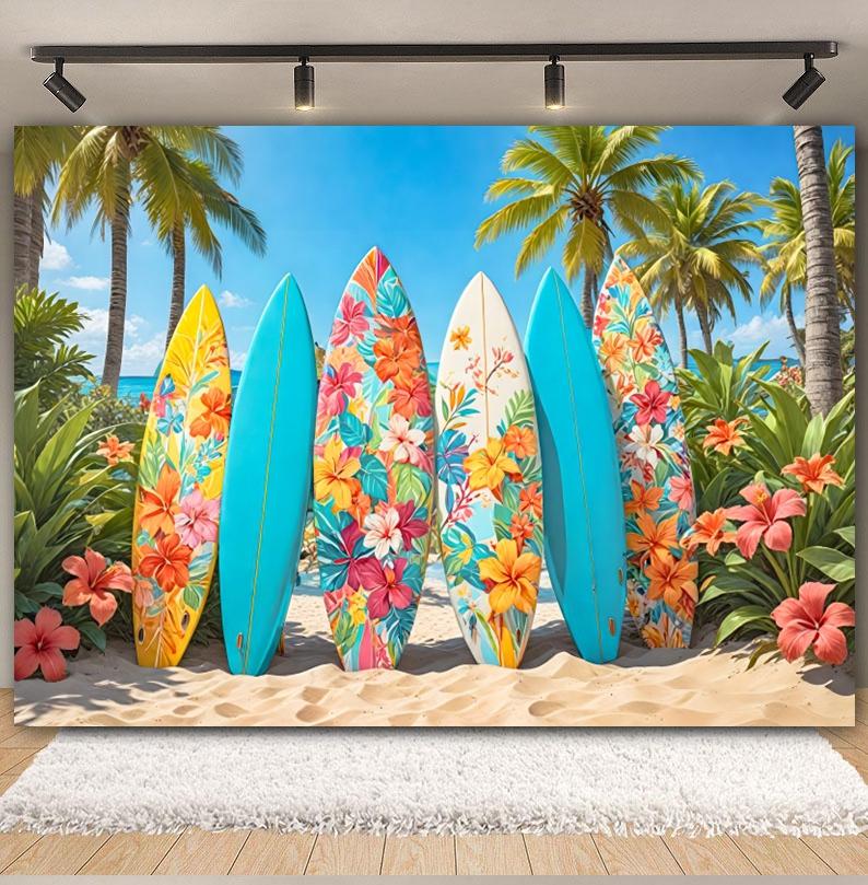 Hawaiian Summer Seaside Backdrop for Photography Tropical Beach Palm Tree Surfboard Baby Birthday Holiday Party Photo Background