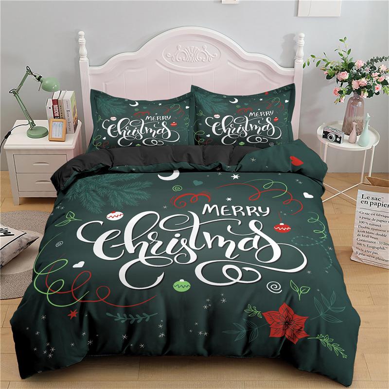 Merry Christmas Duvet Cover King For Boys Girls Microfiber Santa Claus Cute Deer Cartoon Animals Red Plaid 3D Print Bedding Set
