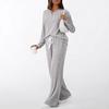 Women's Beige V-Neck Long Sleeve Knit Top and High Waist Wide Leg Pants Set
