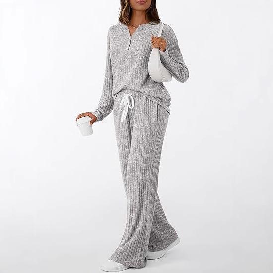 Women's Beige V-Neck Long Sleeve Knit Top and High Waist Wide Leg Pants Set