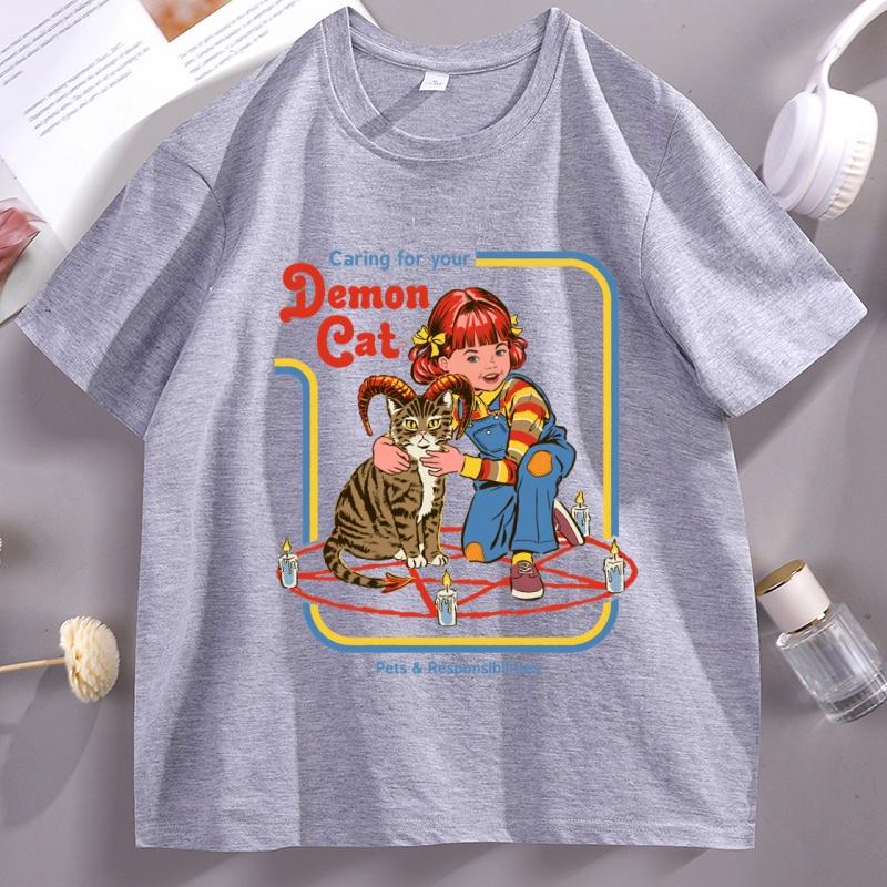 Caring for Your Demon Cat Print Tshirt Unisex Women Cotton Short Sleeve T Shirt Casual Round Neck High Quality Tshirt Streetwear