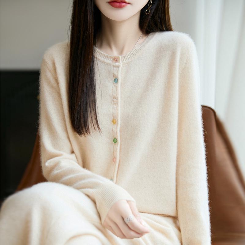 Women's Autumn 2025 Pure Wool Round Neck Cardigan - New Style Loose Knit Sweater
