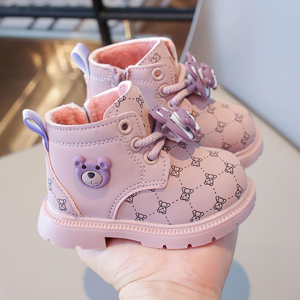 Korean Style Little Girl's Plush Boots PU Leather Trend Fashion Cotton Shoes Soft-soled Anti-slippery Faux Fur Boots For Boys