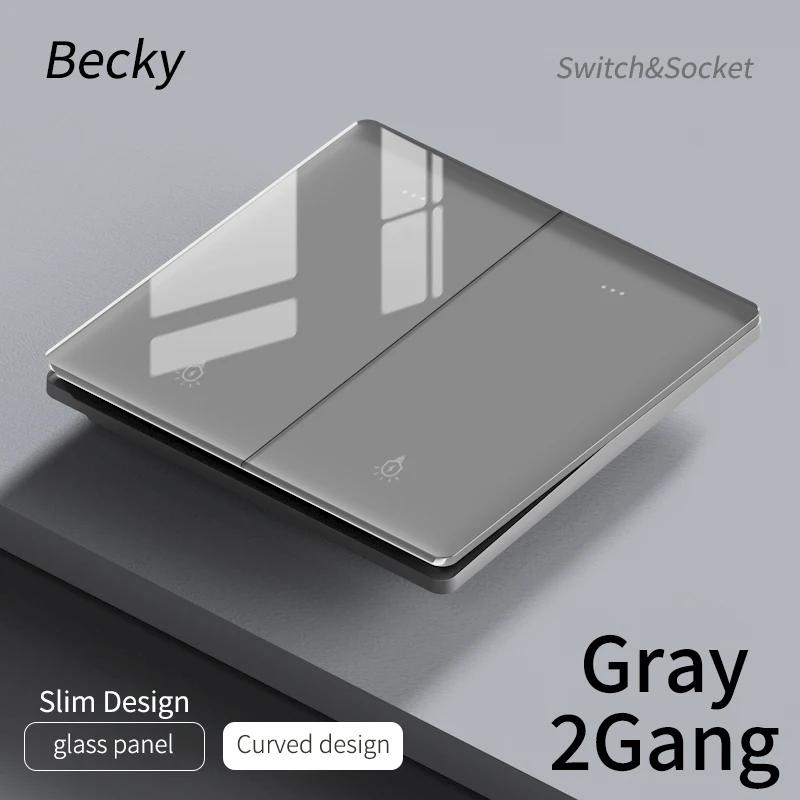Gray Glass Wall Square Switch Panel EU UK Standard 16a Socket Large Panel Wall Light Switch Usb TypeC Socket Net TV Tel Socket