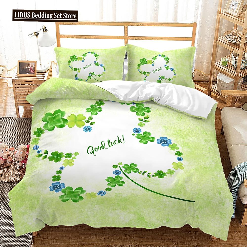 Four-leaf Clover Duvet Cover Set Green Leaves With Good Luck Polyester Comforter Cover For Kids Boy Girl Bedding Set King Size