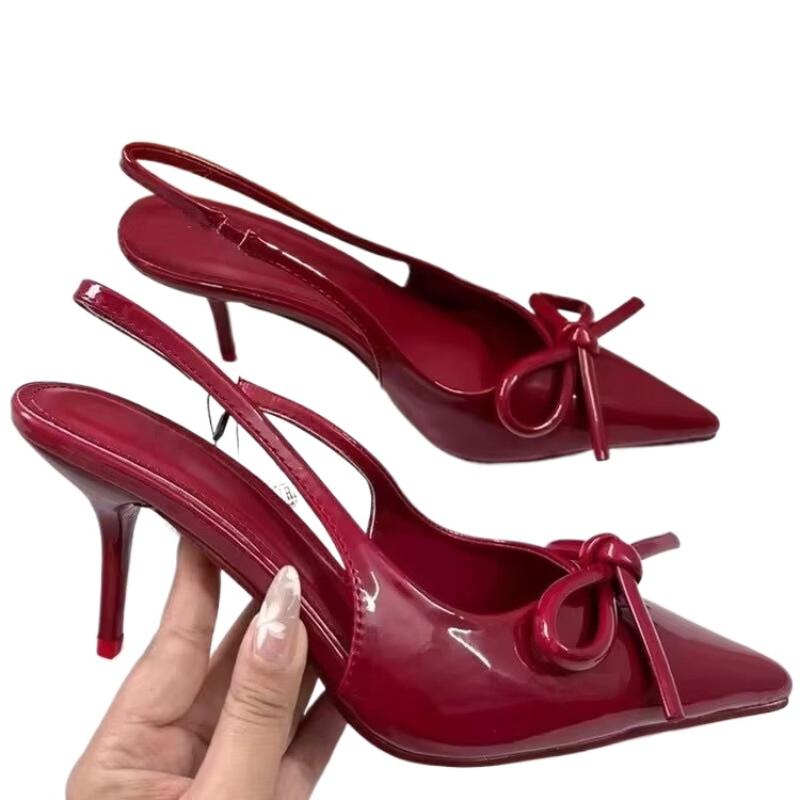 Fashion Women Summer Red Leather Pointy Bow Sandals Design Buckle Strap Sandals Women Sexy Open Toe Thin Heels Party Pumps Zapatos Mujer