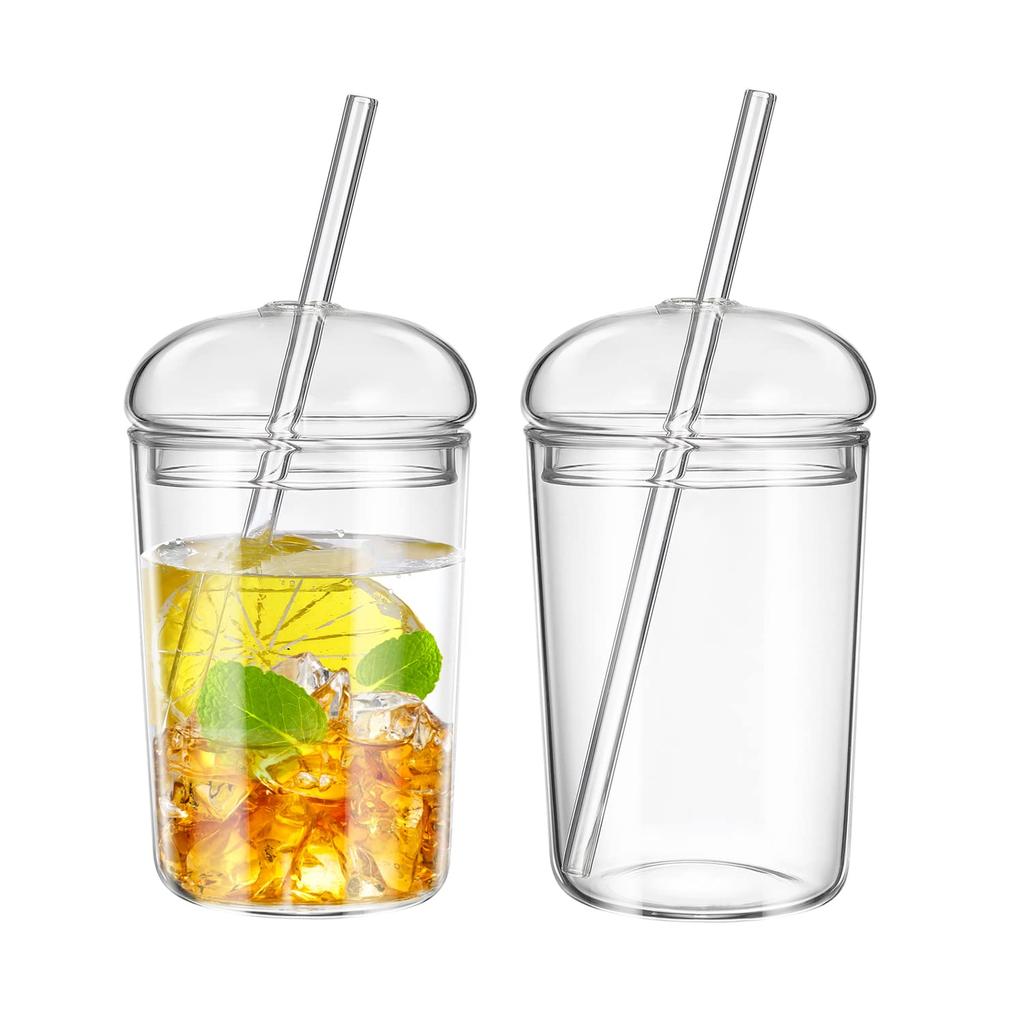 3er-Pack Kaffeetassen aus Glas mit Deckel und Strohhalm, 16 oz Eiskaffeetasse mit gewölbten Deckeln, klares Kaffeetassen-Set aus Glas zum Selbermachen