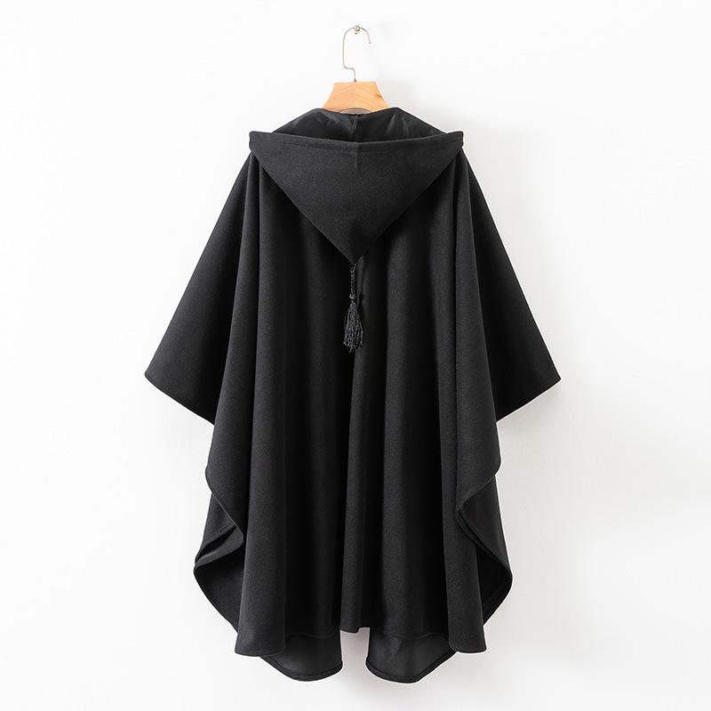 Women's Black Woolen Hooded Cloak Coat, Autumn 2022, Long Style, European American Design, with Hang Tag