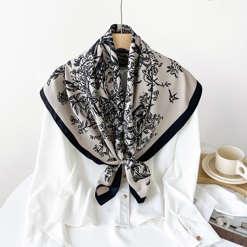 

Шелковый шарф Ретро Литературный дизайн Тонкая шаль Шарф Легкий Мягкий Твиловый Имитация шелка Большой квадратный шарф Шарф 90*90cm