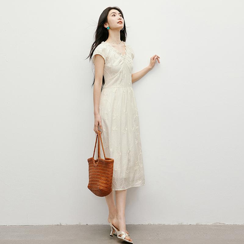 Heavy Industry Chain Embroidered Waist Elastic Lace V-neck Dress