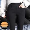 Women's Black Fleece-Lined Leggings - Thick, High Waist, Elastic Waistband, Slim Fit, Perfect for Autumn and Winter.