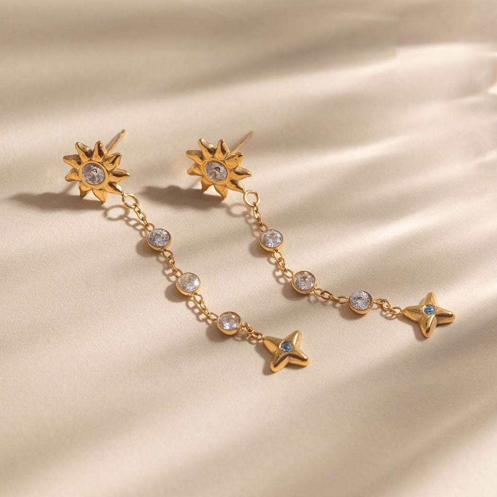 Youthway Delicate Zircon Sun Star Earrings For Women 18K Gold PVD Plated Stainless Steel Tassel Earrings Fashion Jewelry Gift