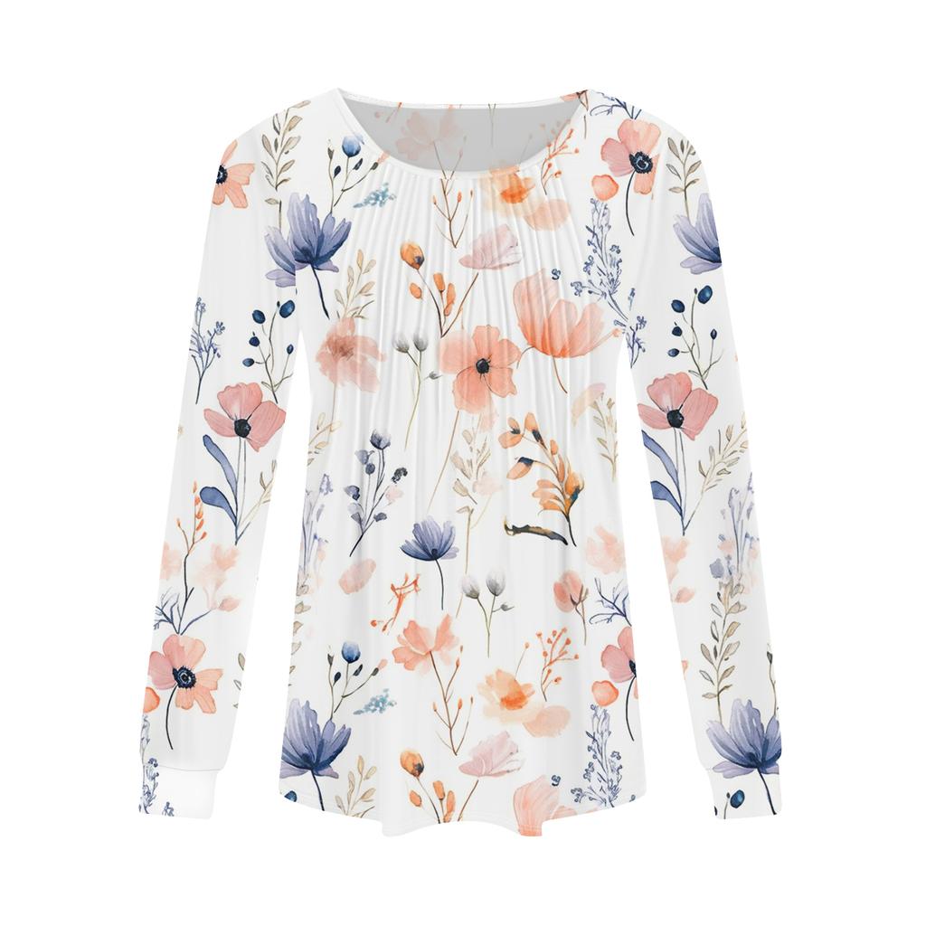Women's Fashion Casual Pleated Round Neck Vintage Floral Print Long Sleeve T,Shirt Top