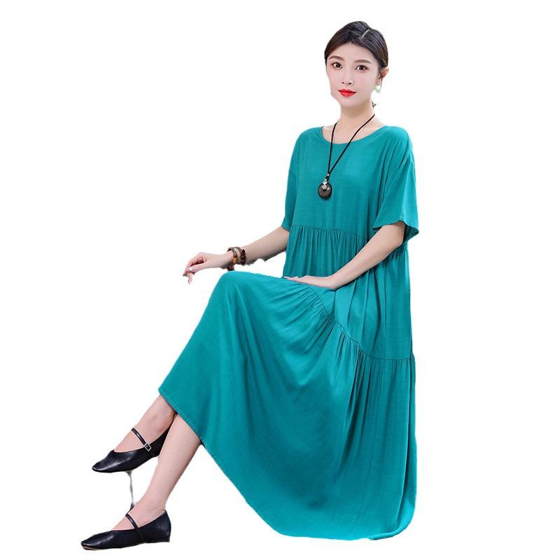 Women's 2022 Summer Solid Cotton Linen Dress - Slimming, Belly-Covering, Plus Size Long Dress