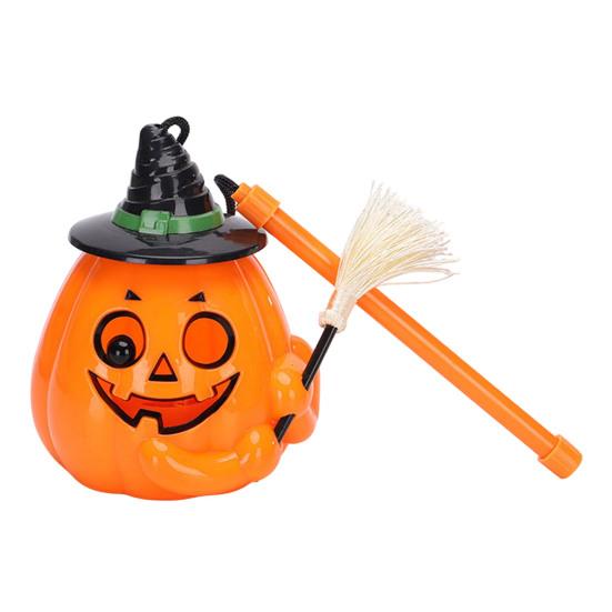 Portable Pumpkin Light Glowing Halloween Lantern, Jack O Lantern with Witch Hat Broom, Lightweight Prop Up Decor, Trick or Treat for Kids Party Decor