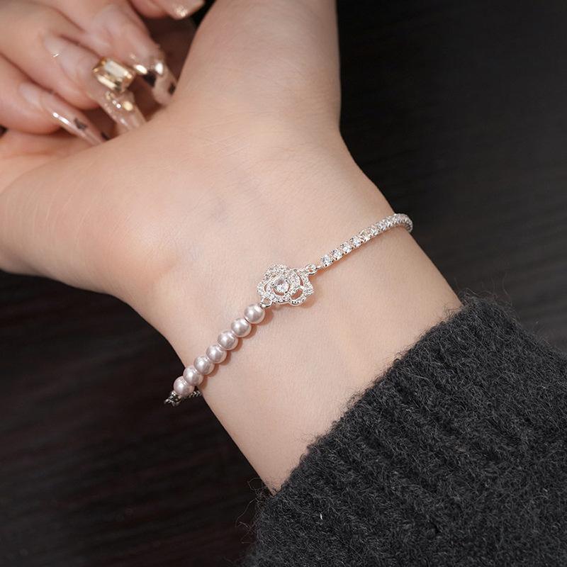 French Sweet Zircon Flower Pearl Pull-Up Bracelet Bracelet Versatile Jewelry