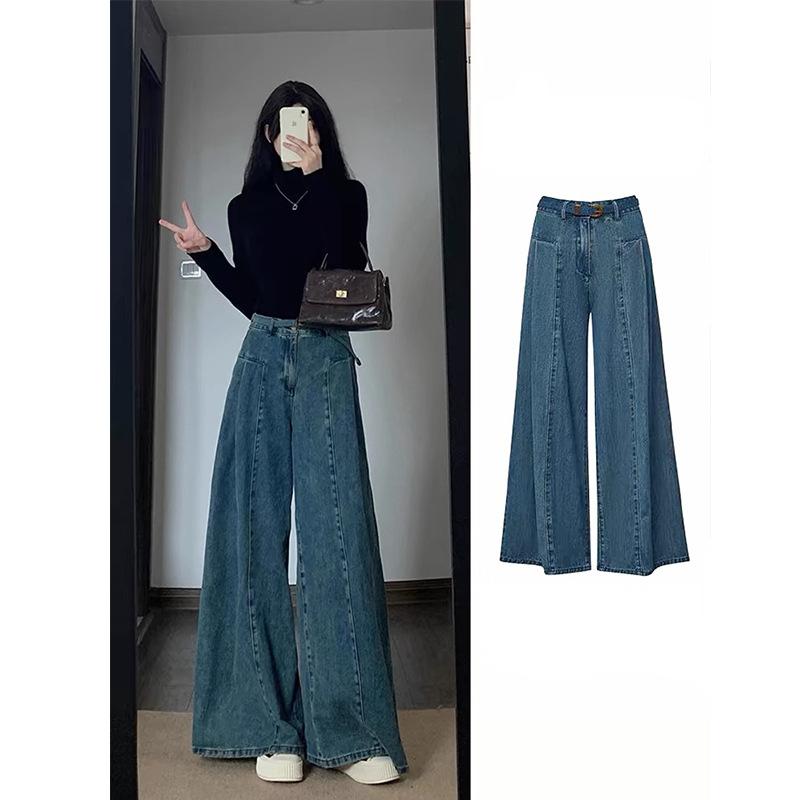 

Spring retro straight jeans women s large size fat mm pear-shaped body loose and thin high waist wide legs mopping pants S
