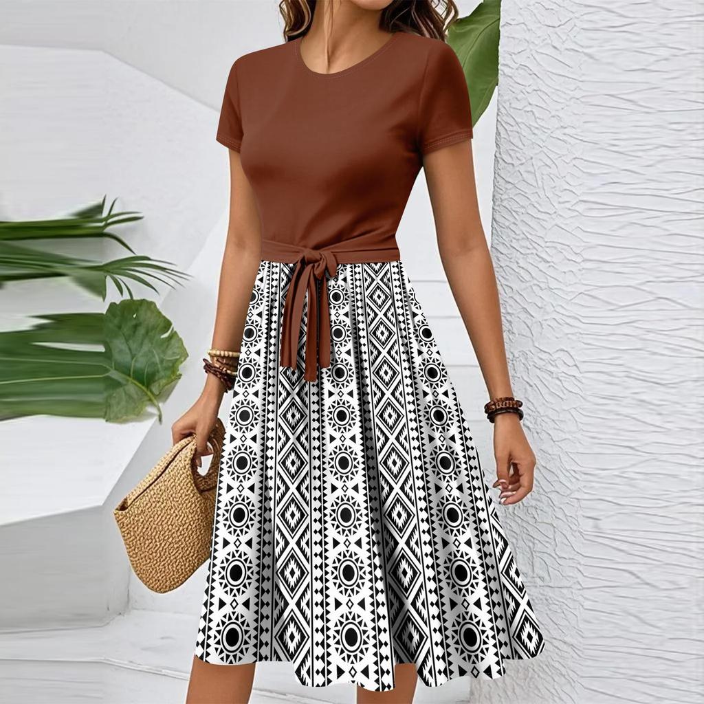 Damen Casual Mode Gürtel Vintage Bedruckt Kurzarm Rundhals Elegantes Kleid