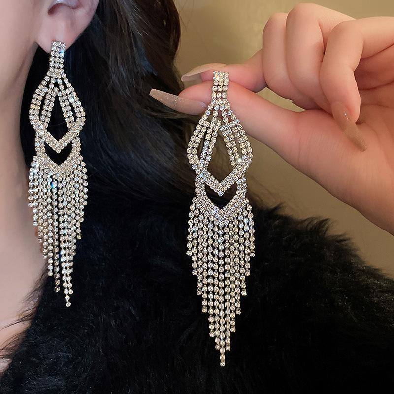 Silver Needle Diamond Water Drop Tassel Earrings - Elegant Court Style, Versatile & Luxurious Design.