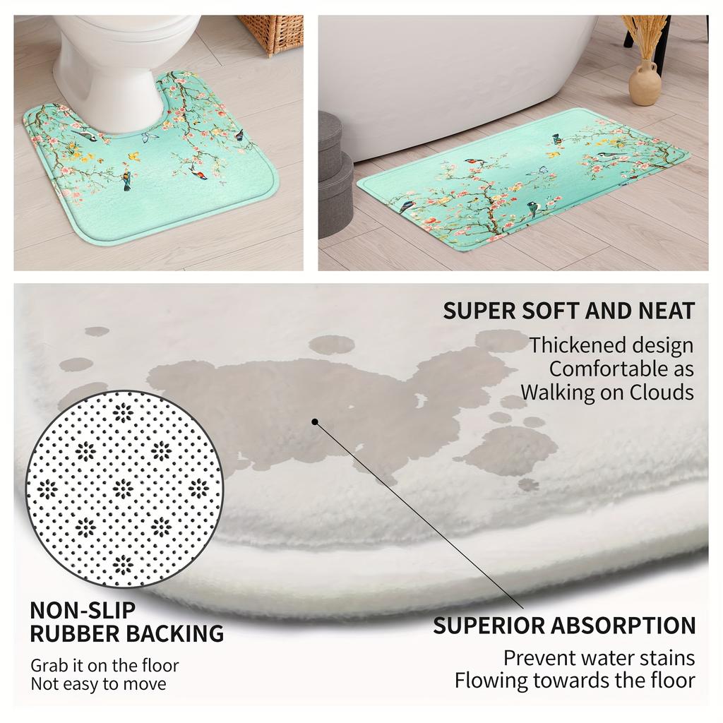 Set 4 buc. Perdea de Duș de Lux cu Flori, Păsări și Fluturi, Impermeabilă, Set Decorativ pentru Baie, Covor Antiderapant, Husă pentru Toaletă, Covoraș de Baie și 12 Cârlige