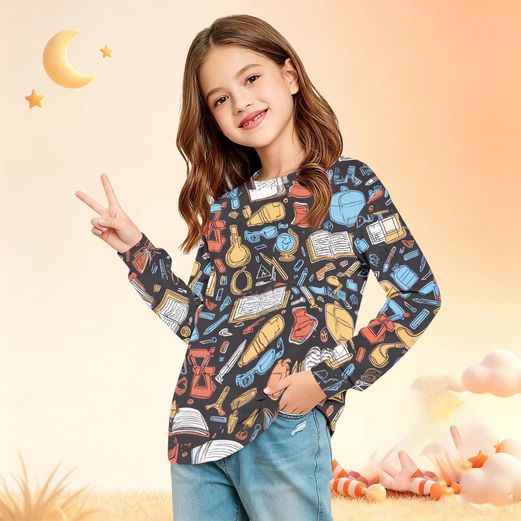 Kids Fashion Print Long Sleeve Neck Top with Pocket for Back To School
