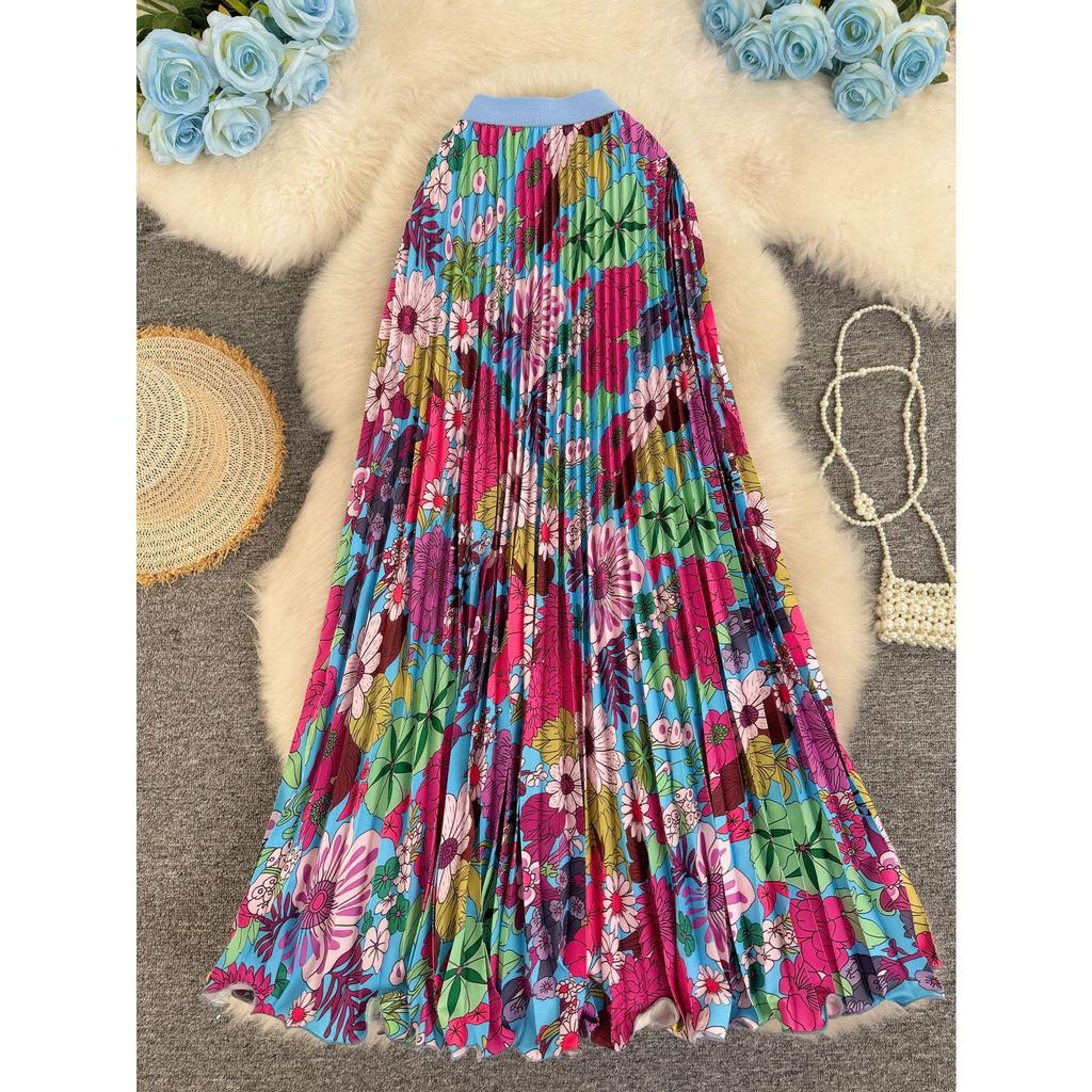 Women's 3D Print Pleated A-line Midi Skirt