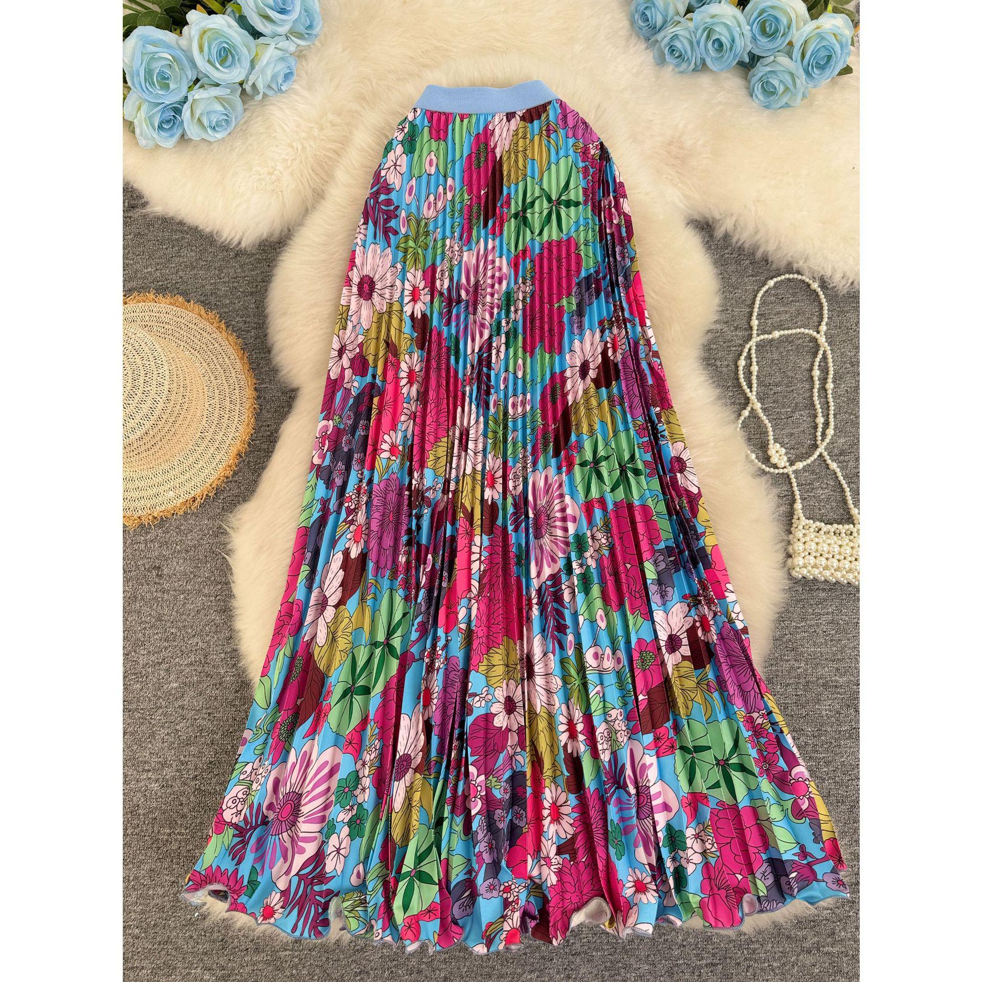 Women s 3D Print Pleated A-line Midi Skirt One Size красный