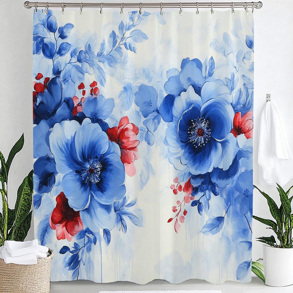 1pc Beautiful Blue Flowers Shower Curtain, Bathroom Decorative Curtain, Floral Printed Polyester Home Curtain with Hooks