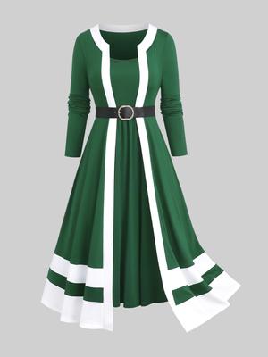 Rosegal Plus Size Christmas Ruffles Two Tone Colorblock Print Layered Buckle Belt Midi Dress